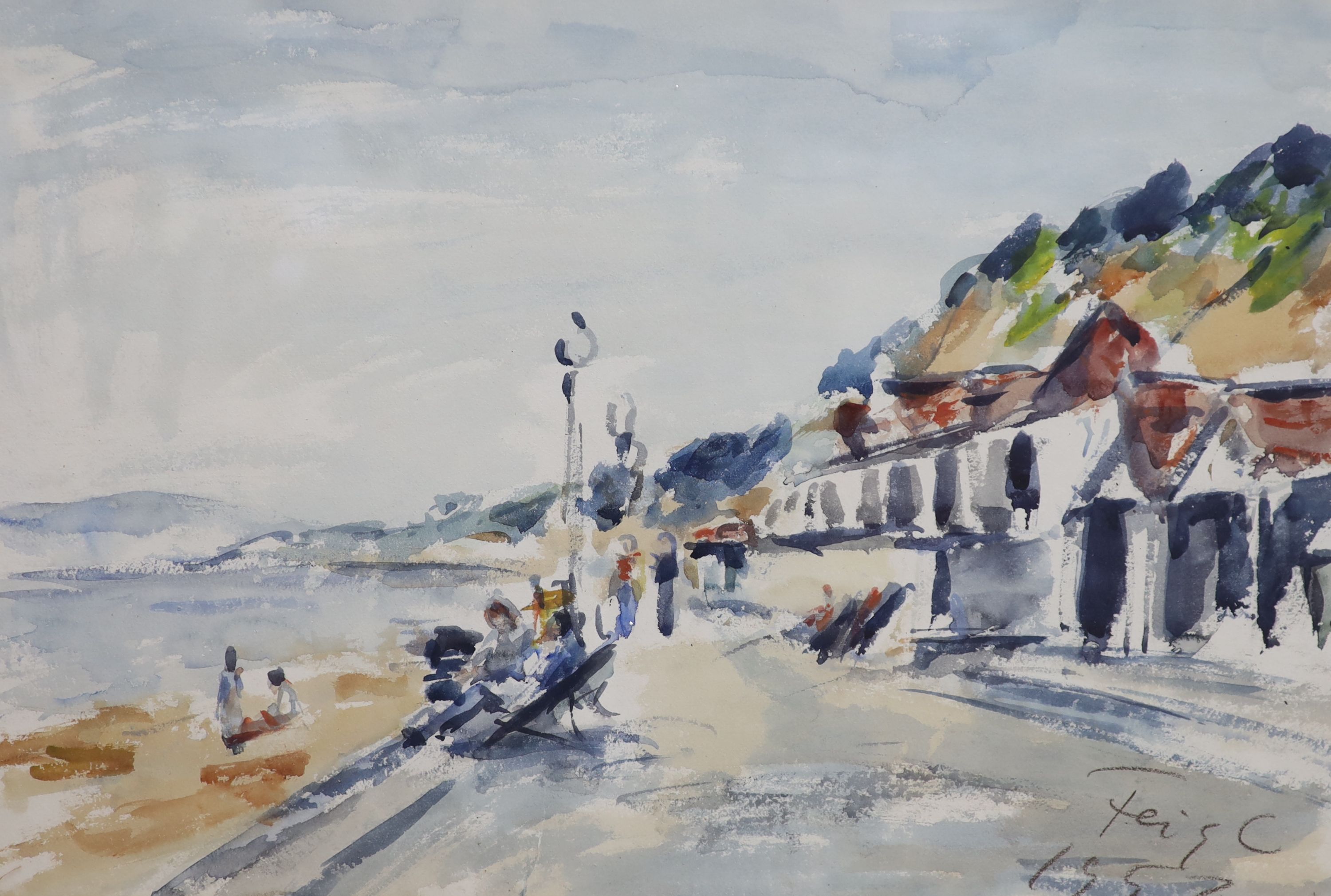 Italian School, watercolour, Figures along the promenade, signed and dated 1952, 37 x 54cm